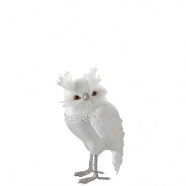 Hibou Debout Peluche / Plumes Blanc / Argent L