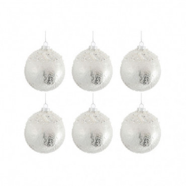 Boite De 6 Boules De Noel Perle Verre Argent Antique / Blanc S