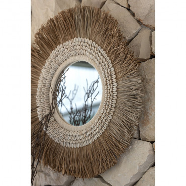 Miroir Alan Rond Coquillages Raphia Naturel Grande Taille