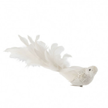 Oiseau + Clip Plumes Paillettes Blanc Grand