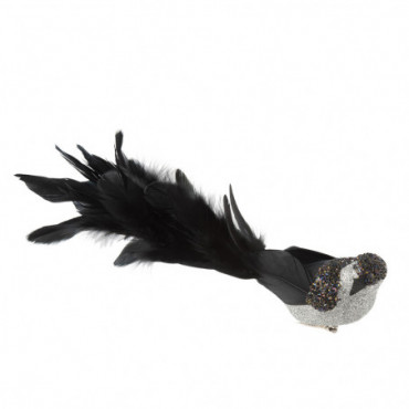 Oiseau + Clip Plumes Paillettes Noir Grand