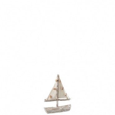 Bateau + Voiles + Coquillages Branches Bois De Sapin Blanc Wash Petit