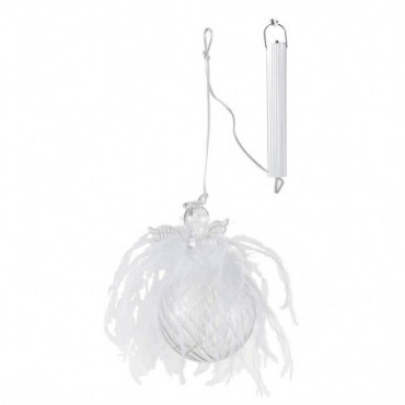 Boule De Noel Ange + Led + Plume Verre Transparent Grand