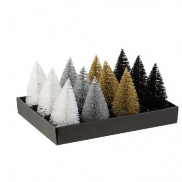 Display 12 Sapins De Noel + Led Paillettes Plastique Noir/Argent/Or