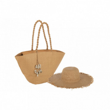 Set 2 Sacs De Plage Coquillages + Chapeau Papier Marron Clair