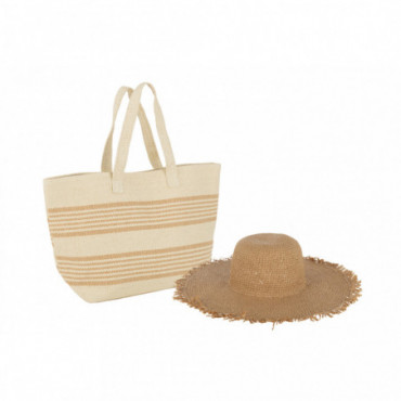 Set 2 Sacs De Plage Lignes + Chapeau Papier Beige/Marron Clair