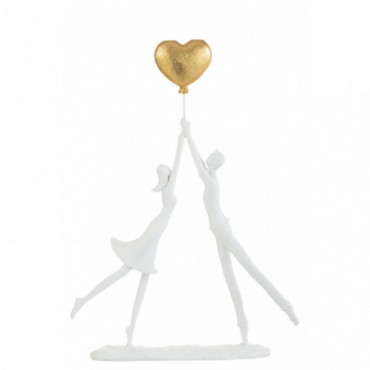 Couple Debout Coeur Ballon Resine Blanc/Or