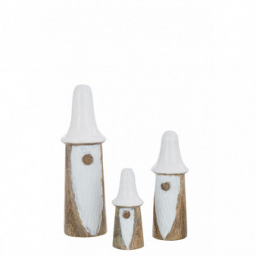 Set De 3 Gnomes Champignons Bois Naturel/Blanc