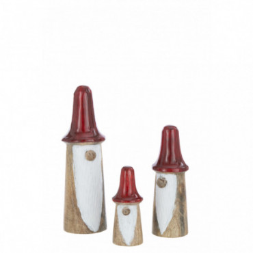 Set De 3 Gnomes Champignons Bois Naturel/Rouge