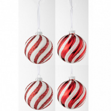 Boite De 4 Boules De Noel 2+2 Lignes Verre Blanc/Rouge L