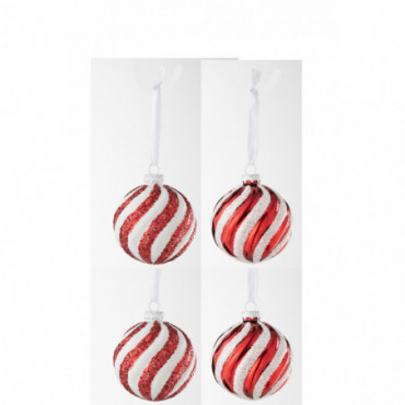 Boite De 4 Boules De Noel 2+2 Lignes Verre Blanc/Rouge S