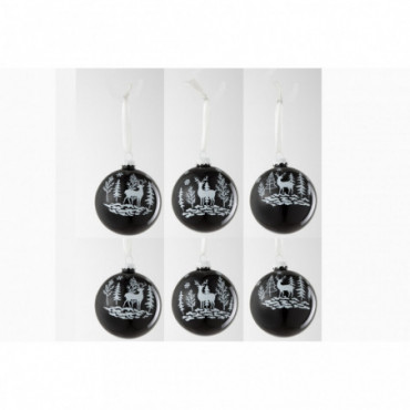 Boite De 6 Boules De Noel 2+2+2 Renne Verre Noir/Blanc