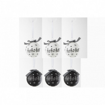 Boite De 6 Boules De Noel 3+3 Hoho+Flocons+Noeud Verre Noir/Blanc S