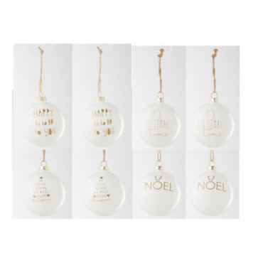 Boite De 8 Boule De Noel 2+2+2+2 Texte Noel Verre Blanc/Or