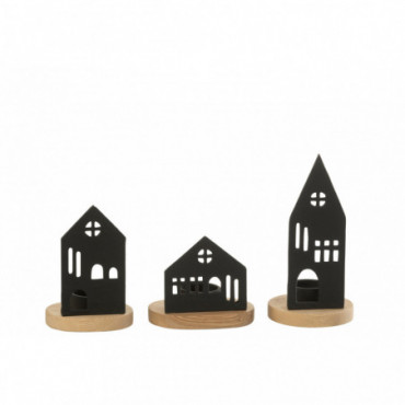 Bougeoirs Maison Aluminium/Bois Noir/Naturel  x3