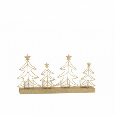 Photophore Sapins 4 Pieces+Paillettes Bois Or