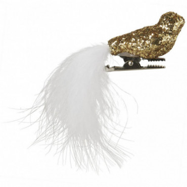 Oiseau avec plume et pinces paillettes dorées