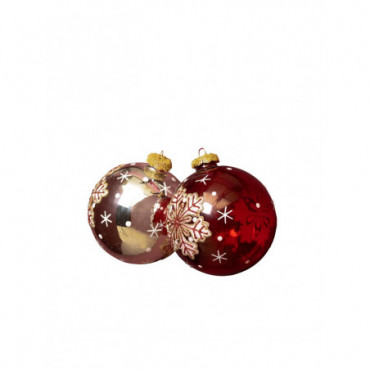 Boule de Noël 10cm flocons rouge et argent x2