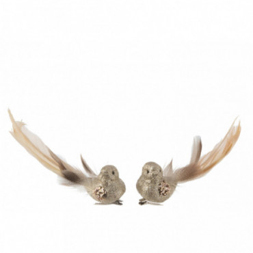 Oiseau + Clip Plumes Paillettes Beige Petit x2