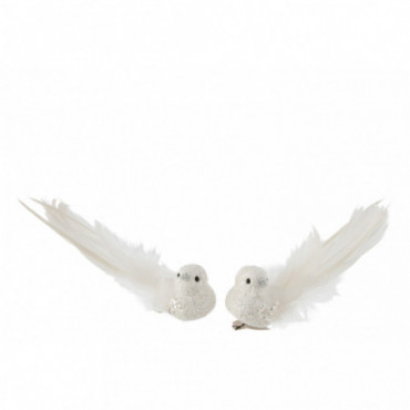 Oiseau + Clip Plumes Paillettes Blanc Petit x2