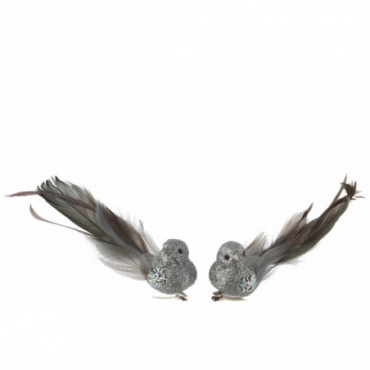 Oiseau + Clip Plumes Paillettes Gris Petit x2