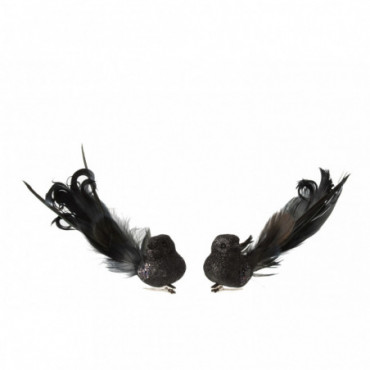 Oiseau + Clip Plumes Paillettes Noir Petit x2