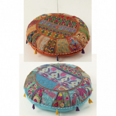 Pouf Rond Plat Motifs + Glands Coton Orange/Bleu