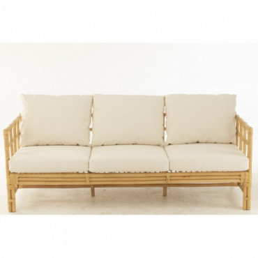 Sofa Elise + Coussin 3 Personnes Rotin/Textile Naturel/Blanc