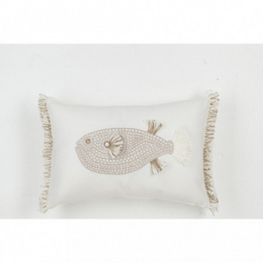 Coussin Posson + Franges Coton Blanc/Taupe