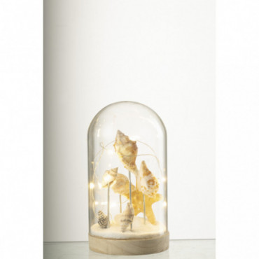 Cloche Haute Led Coquillages + Sable Verre/Bois Blanc/Naturel Petit