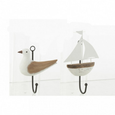 Portemanteau Oiseau + Bateau Paulownia Bois/Metal Naturel/Blanc x2