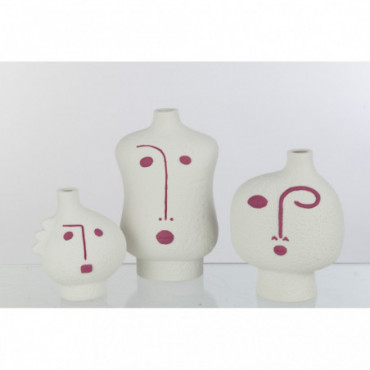 Vases Face Abstract Porcelain Fuchsia/Blanc x3