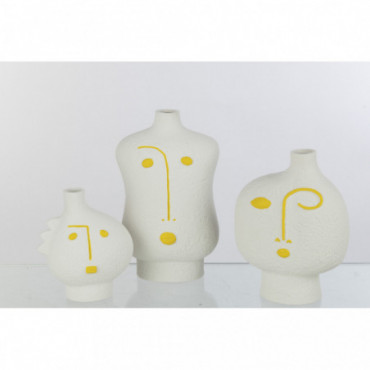 Vases Visage Abstrait Porcelaine Jaune/Blanc x3