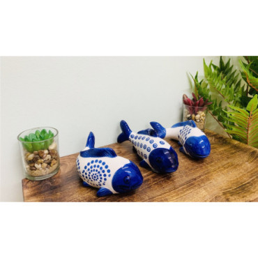 Ensemble de 3 ornements en céramique de poissons Koi bleus motif saule