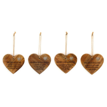 Ensemble de 4 plaques de coeur de recette de vie gravées noires suspendues en bois