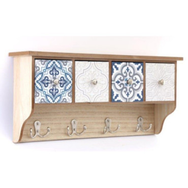 Etagère murale bleue en bois avec 4 tiroirs et crochets 46 cm