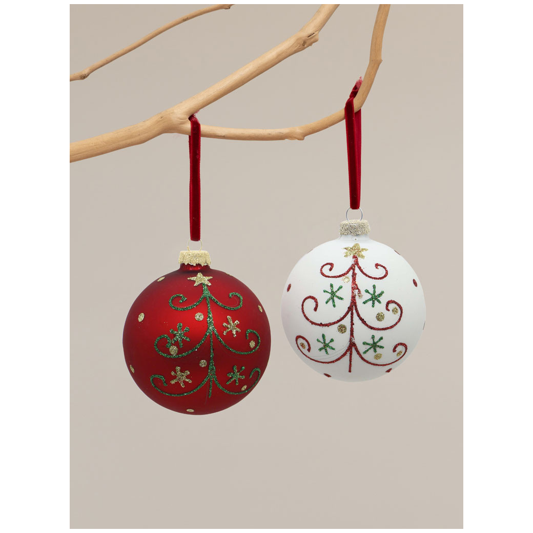 Boule de Noël rouge et blanche Sapins x2 Chehoma 35837