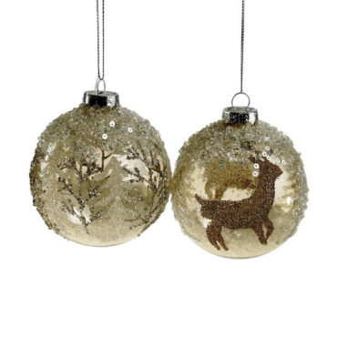 Boule en verre cerf sapin beige