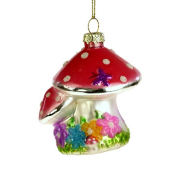 Pendentif en verre champignon mouche rose