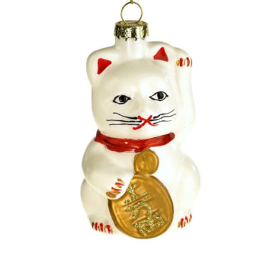 Pendentif en verre Chat porte-bonheur blanc