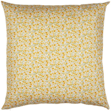 Housse de coussin fleurs jaunes et bleues. feuilles vertes