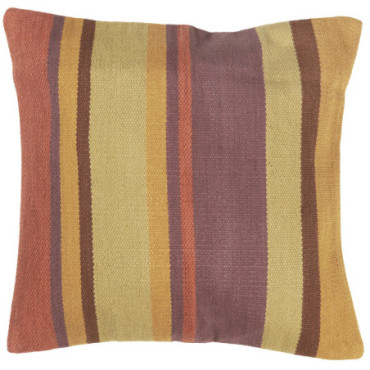 Housse de coussin multirayures coloris rouille vert curry marron. envers en toile écrue