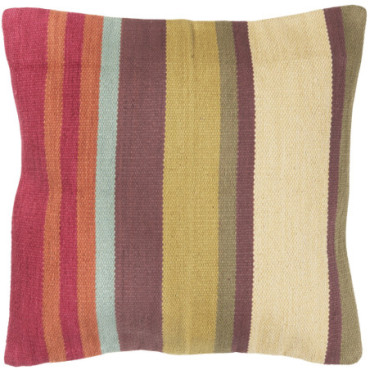 Housse de coussin multirayures coloris rouge rouille marron vert. envers en toile écrue