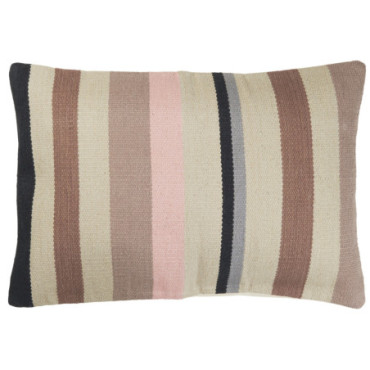 Housse de coussin multirayures coloris gris marron rose clair. envers en toile écrue