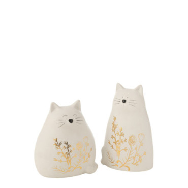 Chat Fleur Dessin Porcelaine Or / Blanc