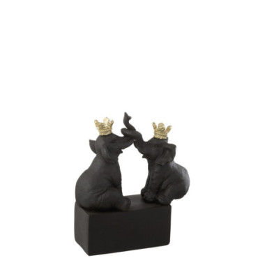 Elephant Couronne Sur Socle Resine Noir / Or