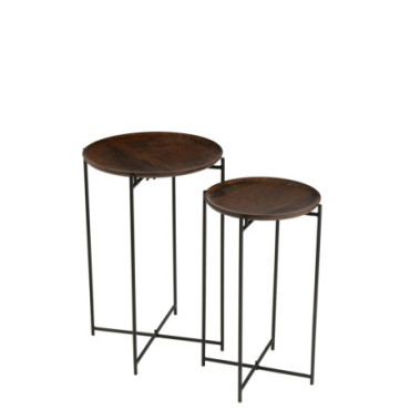 Tables Gigognes Rond Fer / Bois De Manguier Brun / Noir x2