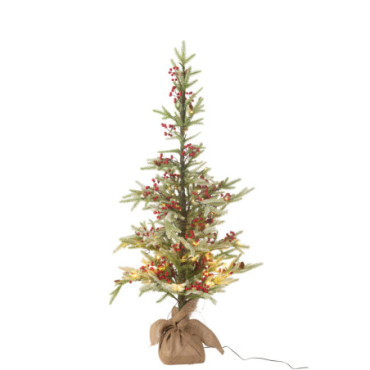 Sapin De Noel + Sac Jute + Led Artificiel Neige Vert / Rouge S