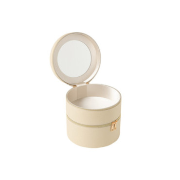 Boite Pour Cosmétiques Rond + Miroir Cuir Artificiel Beige