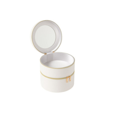 Boite Pour Cosmétiques Rond + Miroir Cuir Artificiel Blanc